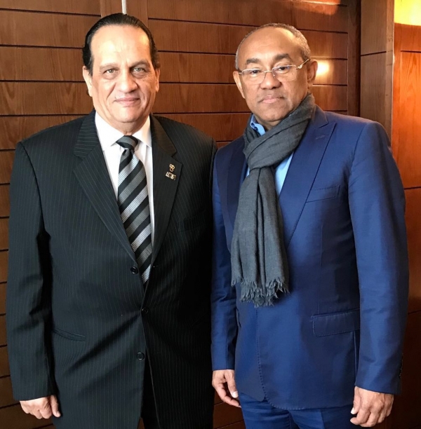 Ahmad Ahmad, president of CAF, Welcomes General. Ahmed Nasser President of UCSAin The Final African Nations Cup in Morocco.